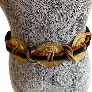 Vintage 90s The Leather Shop Twisted Stretch Gold and Black Braided Belt